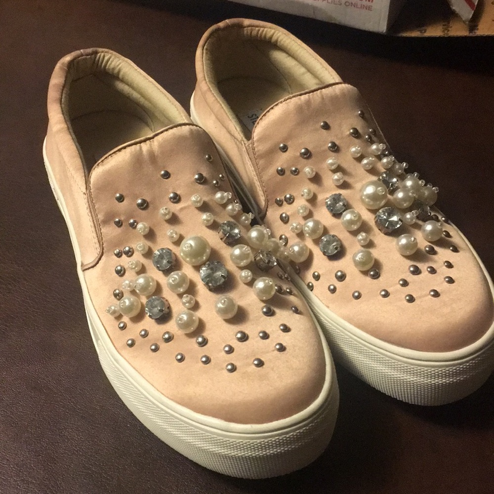 Pink Pearl and Rhinestone Steve Madden Slip ons